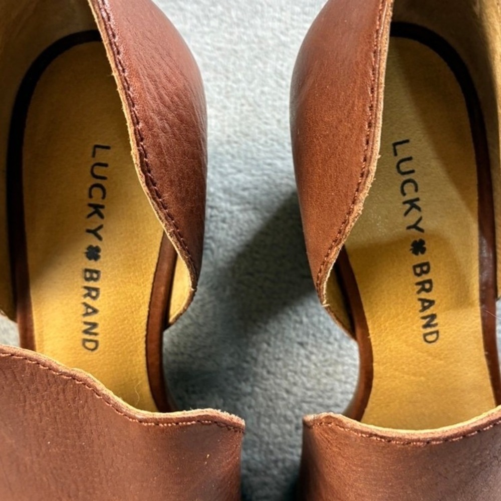 Lucky Brand Junai Brown Leather Peep Toe Cutout 3" Block Heel Booties Size 7M - Picture 4 of 16